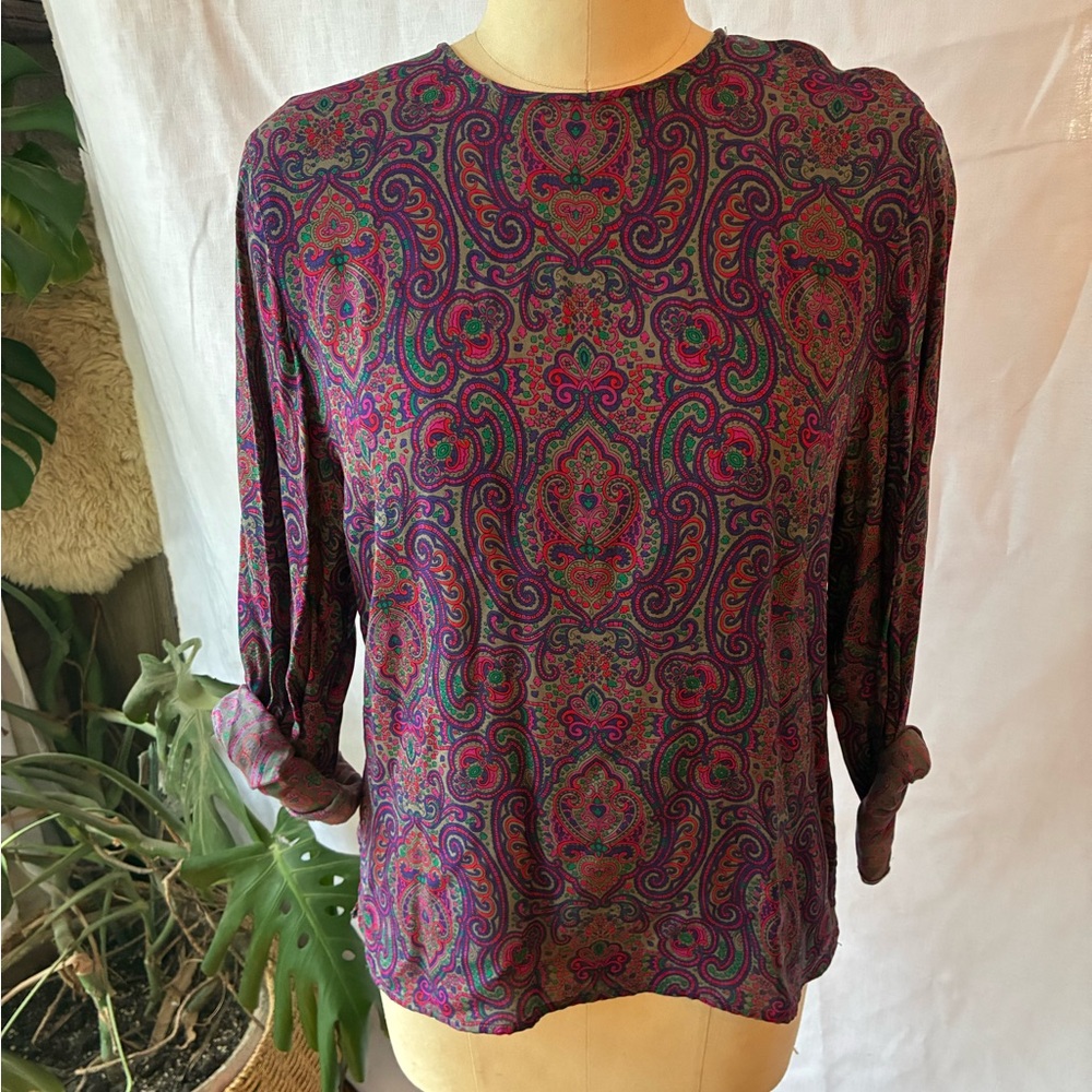 Button-Up Back, Paisley Long Sleeve Top - Purple and Red